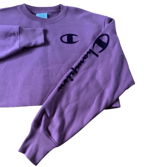 Champion Plum Fleece Reverse Weave C Logo Crop Crewneck Drop Shoulder Sweatshirt - Picture 10 of 16